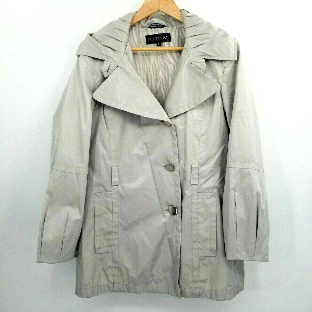 Platinum Utex Womens M Silver Rain Jacket Coat Pleated Details Buttons Lined
